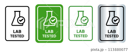 Lab tested check mark flask laboratory square rounded emblem symbol stamp sticker set collection 113880077