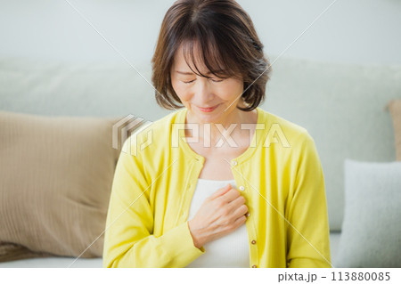 リビングのミドル女性　体調不良 113880085
