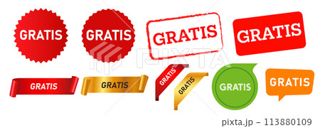 Gratis rubber stamp ribbon speech bubble label sticker free sign ribbon side corner red golden Gratis rubber stamp ribbon speech bubble label sticker free sign ribbon side corner red golden 113880109