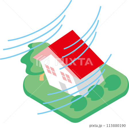 アイソメトリック　アイコン　あしらい　飾り　家　住宅　災害　台風　強風　突風　竜巻　イラスト素材 113880190