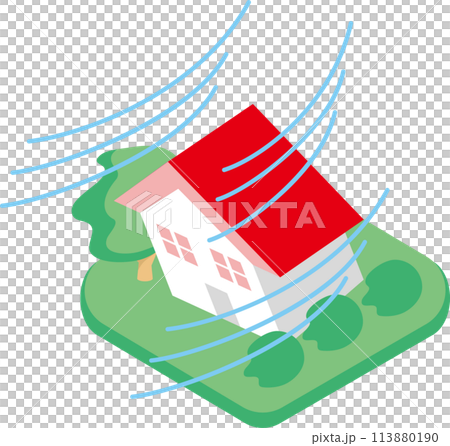 アイソメトリック　アイコン　あしらい　飾り　家　住宅　災害　台風　強風　突風　竜巻　イラスト素材 113880190