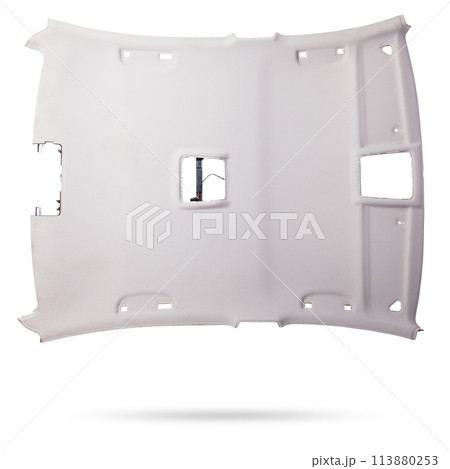 Finishing the gray ceiling roof from a car removed and disassembled for repair and hauling with new material after prolonged use or during tuning. Auto service industry. Spare parts catalog. 113880253