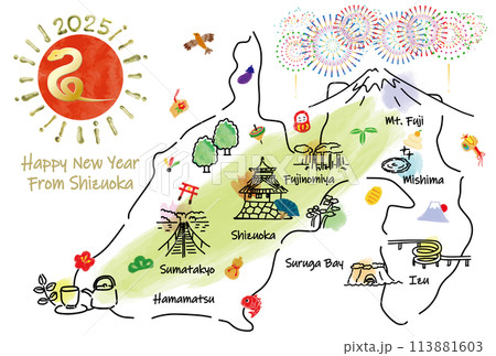 静岡県の観光地のイラストマップ年賀状2025年 113881603