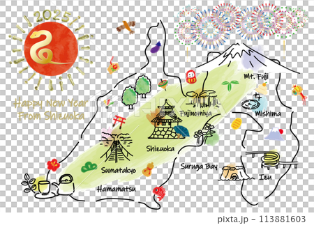 Illustrated map of tourist spots in Shizuoka prefecture New Year's card 2025 113881603
