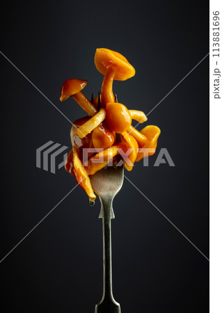 Pickled honey mushrooms on a fork. 113881696