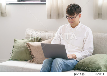 ソファーでノートパソコンを使う男性 ソファーでノートパソコンを使う男性 113882051