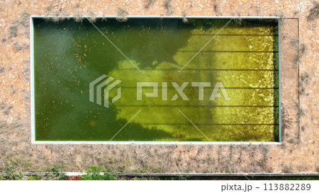 abandoned swimming pool with green dirty water abandoned swimming pool with green dirty water 113882289