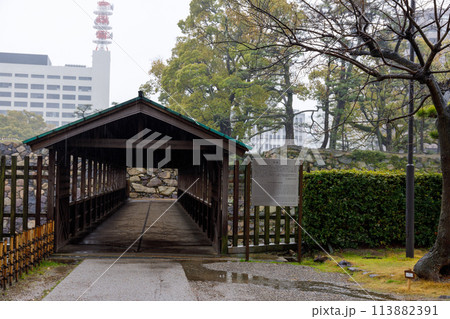 高松市の玉藻公園の中の雨に濡れた鞘橋の風景 高松市の玉藻公園の中の雨に濡れた鞘橋の風景 113882391