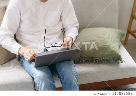 ソファーでノートパソコンを使う男性の手元 113882588