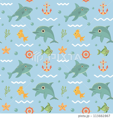 Nautical seamless pattern with cute sea animals. Marine print for fabric and nursery. 113882867