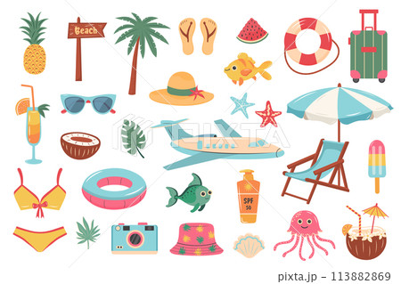 Summer beach travel set. Cute cartoon stickers collection. Summer holiday, beach rest, vacation concept. Summer beach travel set. Cute cartoon stickers collection. Summer holiday, beach rest, vacation concept. 113882869