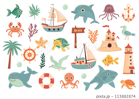 Nautical summer set. Cute sea animals, nautical elements, marine plants. Summer holidays, tropical vacation, maritime, sea coast, marine life, nautical concept. Nautical summer set. Cute sea animals, nautical elements, marine plants. Summer holidays, tropical vacation, maritime, sea coast, marine life, nautical concept. 113882874