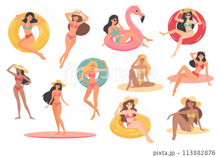 Beautiful summer girls in swimsuits with different skin colors. Women in bikinis on inflatable rings, on a surfboard, sunbathing, relaxing. 113882876