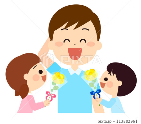 お父さんへ父の日のブーケを渡す子供達 お父さんへ父の日のブーケを渡す子供達 113882961