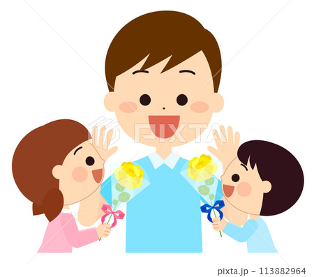 お父さんへ父の日のブーケを渡す子供達 113882964