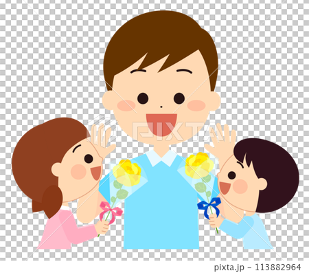 お父さんへ父の日のブーケを渡す子供達 113882964