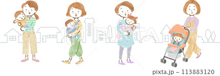 子育てママたちと街並みの手描きイラスト 113883120