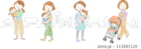 子育てママたちと街並みの手描きイラスト 子育てママたちと街並みの手描きイラスト 113883120