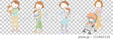 Hand-drawn illustration of mothers raising children and the cityscape 113883120