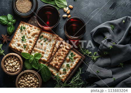 Matzah and wine on a festive table on Passover 113883204