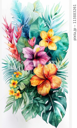 Vibrant watercolor painting of tropical flowers and leaves with rich colors and details 113883261