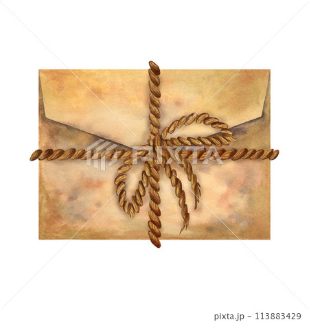 Old vintage mail envelope of beige parchment paper tied with a brown rope and a bow in an antique style. Watercolor illustration for design template for Book Day, history, antique shop, calligrapher 113883429