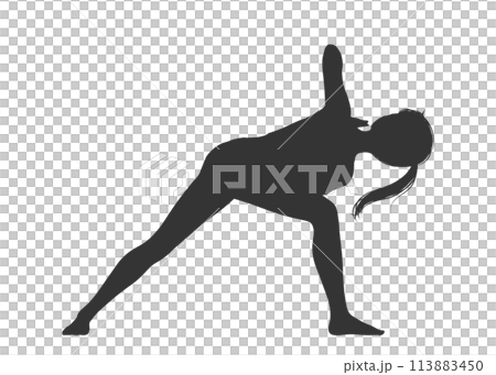 ヨガのプレイヤーズツイストのポーズをしている女性の全身シルエットのイラスト 113883450