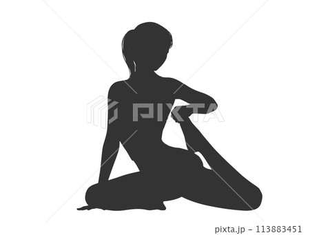 座って足をストレッチしている女性のシルエットのイラスト 113883451