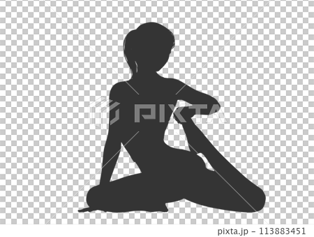 座って足をストレッチしている女性のシルエットのイラスト 113883451