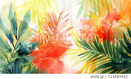 Vibrant watercolor artwork featuring tropical foliage and plants 113883452