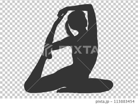 Full body front silhouette of a woman doing yoga pose pigeon pose Full body front silhouette of a woman doing yoga pose pigeon pose 113883454