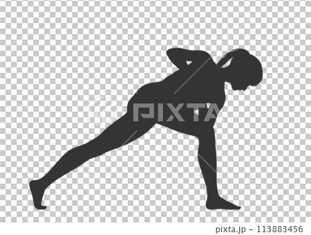 ヨガのプレイヤーズツイストのポーズをしている女性の全身横向きのシルエットのイラスト 113883456
