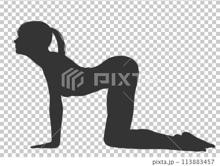 Full body sideways silhouette of a woman stretching on all fours Full body sideways silhouette of a woman stretching on all fours 113883457