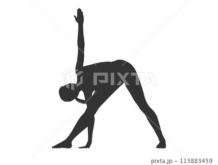 ヨガポーズ ねじった三角のポーズをしている女性の全身シルエットのイラスト ヨガポーズ ねじった三角のポーズをしている女性の全身シルエットのイラスト 113883459