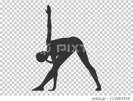ヨガポーズ ねじった三角のポーズをしている女性の全身シルエットのイラスト ヨガポーズ ねじった三角のポーズをしている女性の全身シルエットのイラスト 113883459