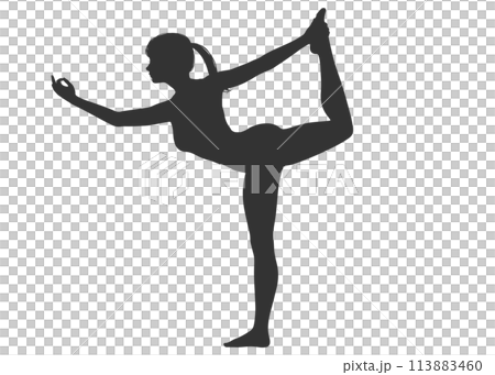 瑜珈姿勢 一個女人做舞者姿勢的全身側面輪廓的插圖 瑜珈姿勢 一個女人做舞者姿勢的全身側面輪廓的插圖 113883460