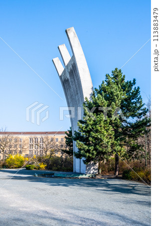 A view of the Airlift Memorial by the Berlin Tempelhof Airport terminal with clear skies. Berlin, Germany A view of the Airlift Memorial by the Berlin Tempelhof Airport terminal with clear skies. Berlin, Germany 113883479