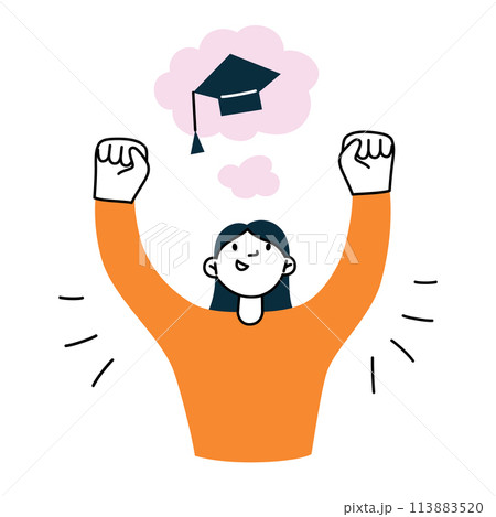 Girl celebrating graduation from college, dreaming of graduate cap, academic success composition, vector illustration of cartoon character getting a degree, mortarboard icon, winning scholarship 113883520