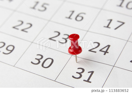 end of month marked on the calendar with a red pushpin 113883652