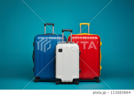 Three suitcases with the colors of the French flag. isolated on blue background ready to travel 113883664