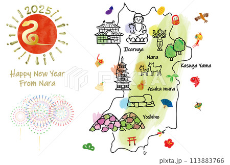 奈良県の観光地のイラストマップ年賀状2025年 奈良県の観光地のイラストマップ年賀状2025年 113883766