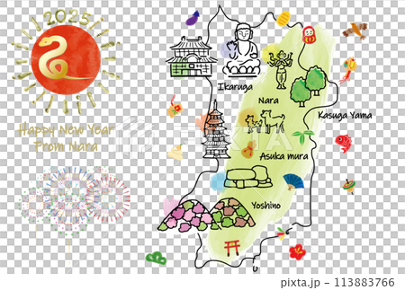奈良県の観光地のイラストマップ年賀状2025年 奈良県の観光地のイラストマップ年賀状2025年 113883766