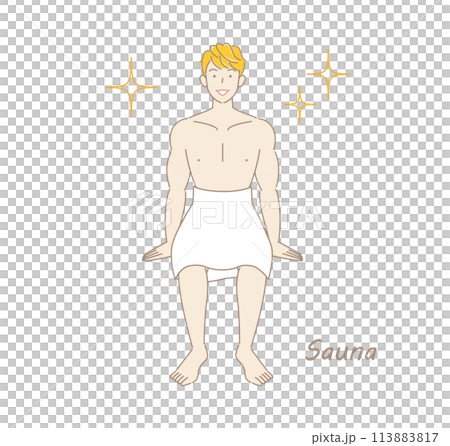 A refreshing man who loves saunas and is shining brightly after refreshing his body and mind in the sauna. 113883817