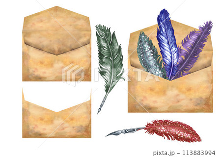 Old vintage envelope of beige parchment paper in an antique style with fountain pens. Watercolor illustration for design templates for Book Day, Teacher's Day, antique shops, libraries, calligraphers 113883994