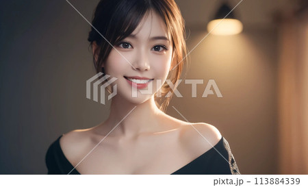 カフェで優しく微笑むロングヘアの女性 113884339