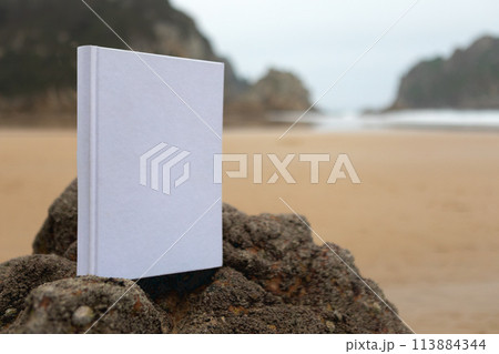 Book with a white cover without texts or drawings in the sand of the beach on a cloudy day. Book with a white cover without texts or drawings in the sand of the beach on a cloudy day. 113884344