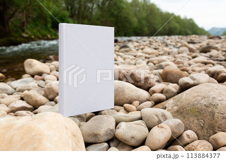 white paper with the empty cover perched on the stones of a river. 113884377