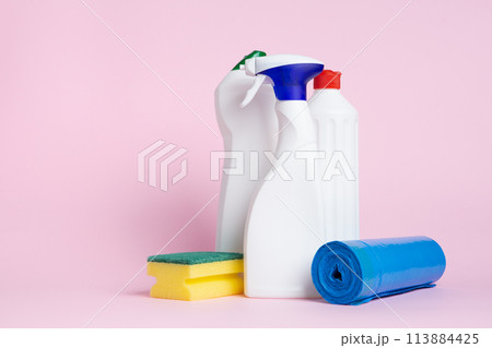 Three cans of cleaning products spray 113884425