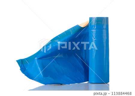 Roll of blue garbage bags on a white background 113884468