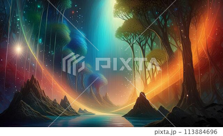 どこかの世界の神秘的な場所の植物から見える夜空 113884696